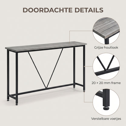 IvoQ Wandtafel – Smalle Consoletafel 120 × 23 × 74 cm – Grijze Houtlook – Zwart Metalen Frame