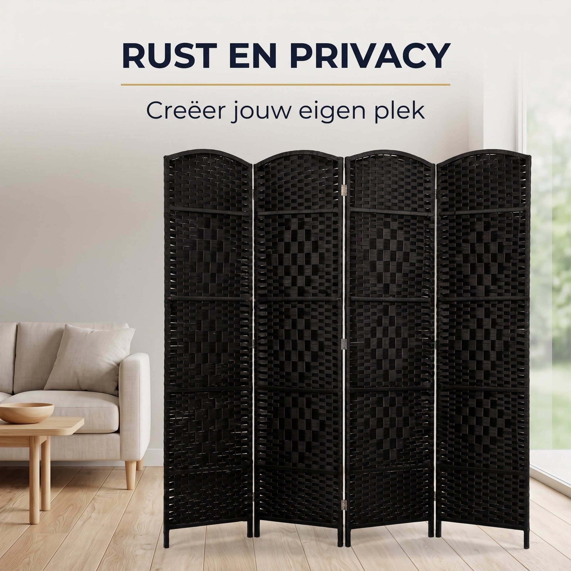 IvoQ Kamerscherm Zwart – Roomdivider – 4 Panelen – 170 x 160 cm