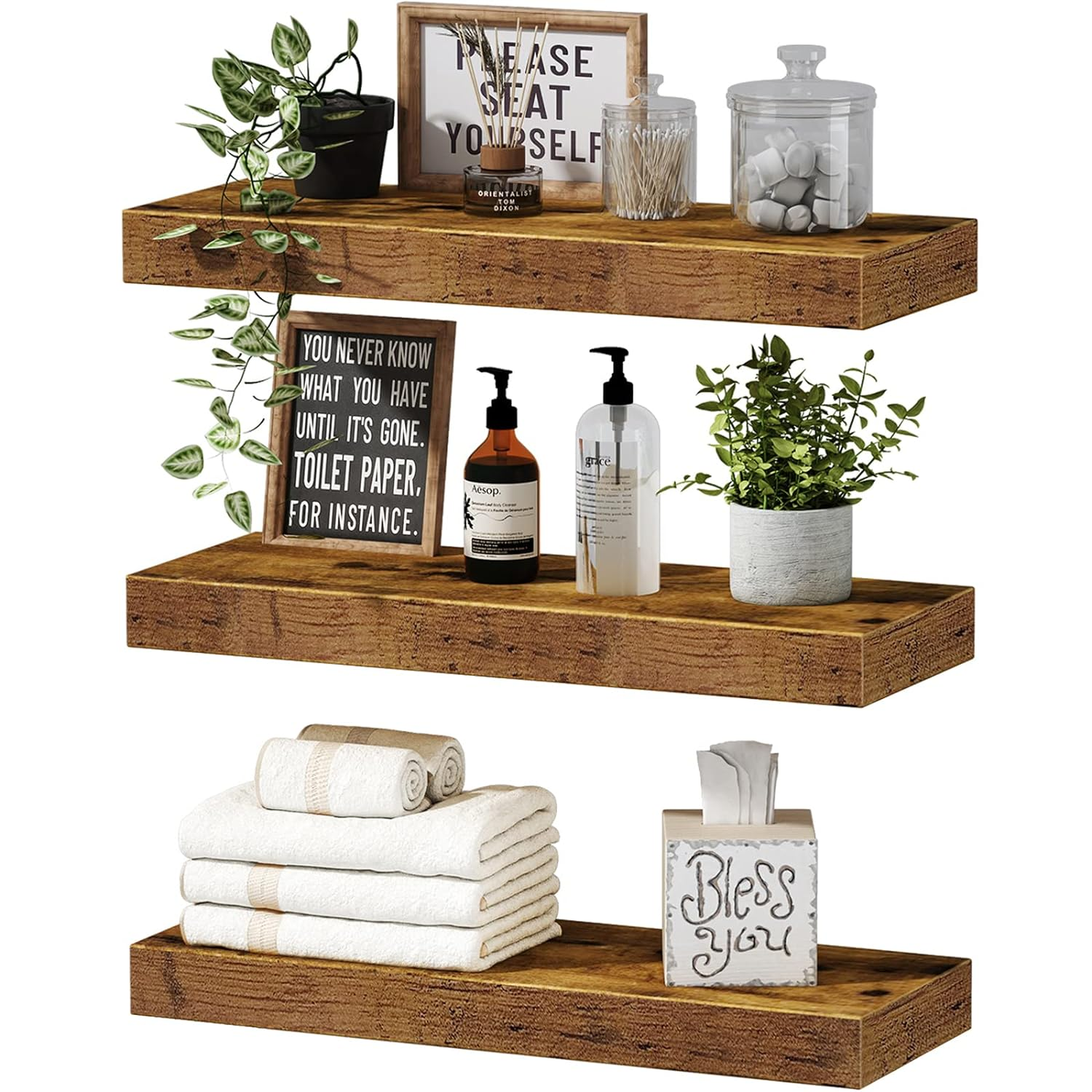 IvoQ Zwevende Wandplanken Set Hout 3 stuks-IvoQ