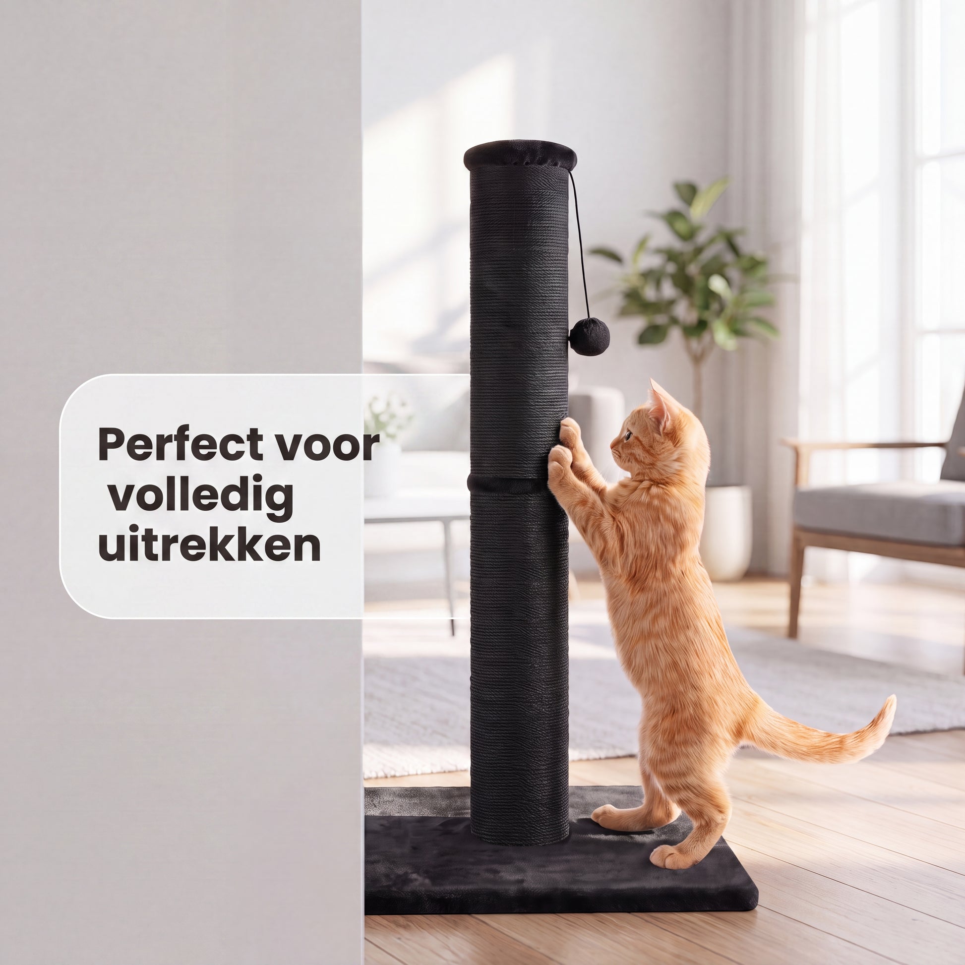 IvoQ Krabpaal voor Katten - 90 cm - Zwart - Stevige Kattenkrabpaal met Speelbal & Sisal - 90x40x40 cm