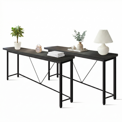 IvoQ Sidetables - Set van 2 - Zwart - Smalle Industriële Consoletafels - 120x23 cm - Haltafels
