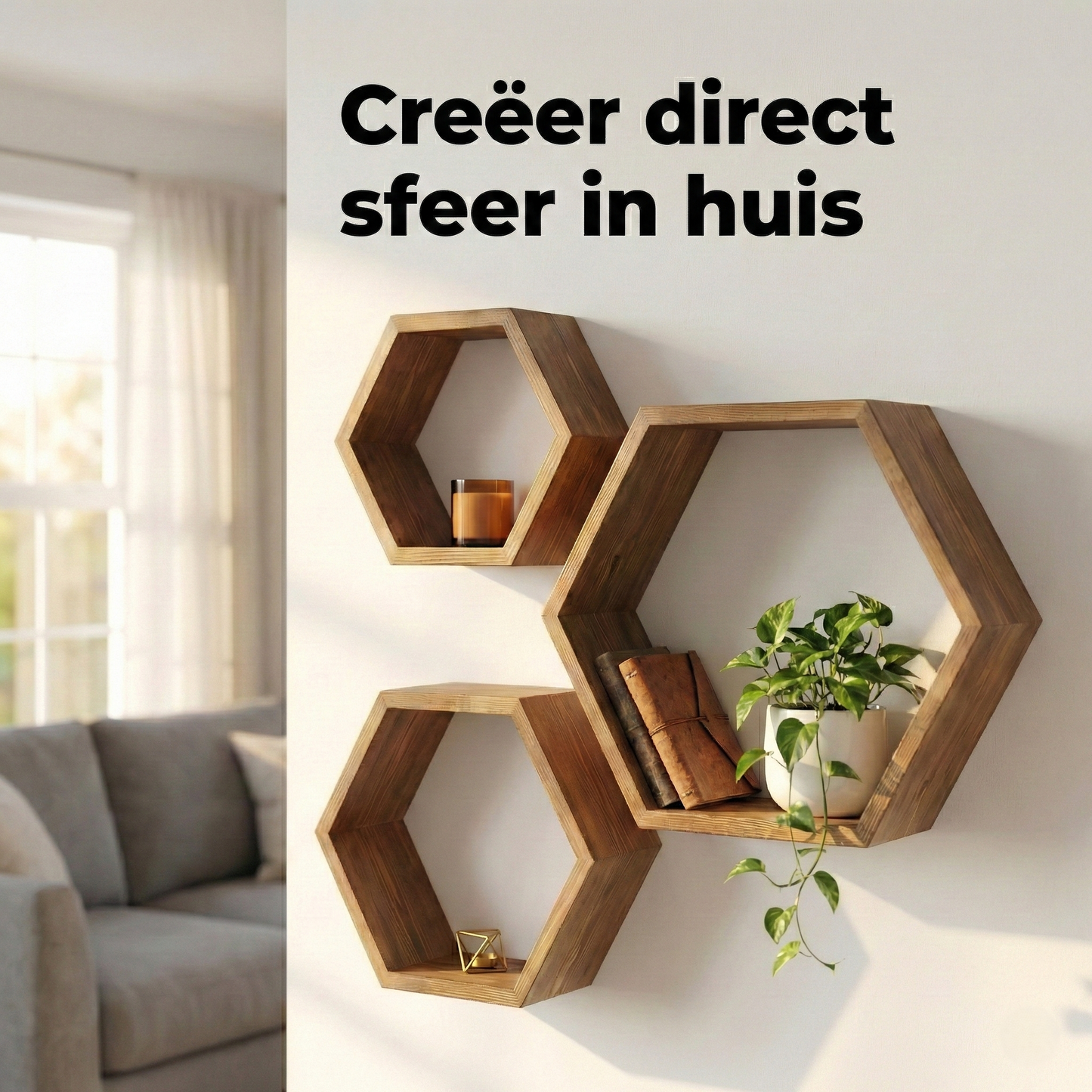 IvoQ Wandplanken Hexagon Set 3 stuks Bruin