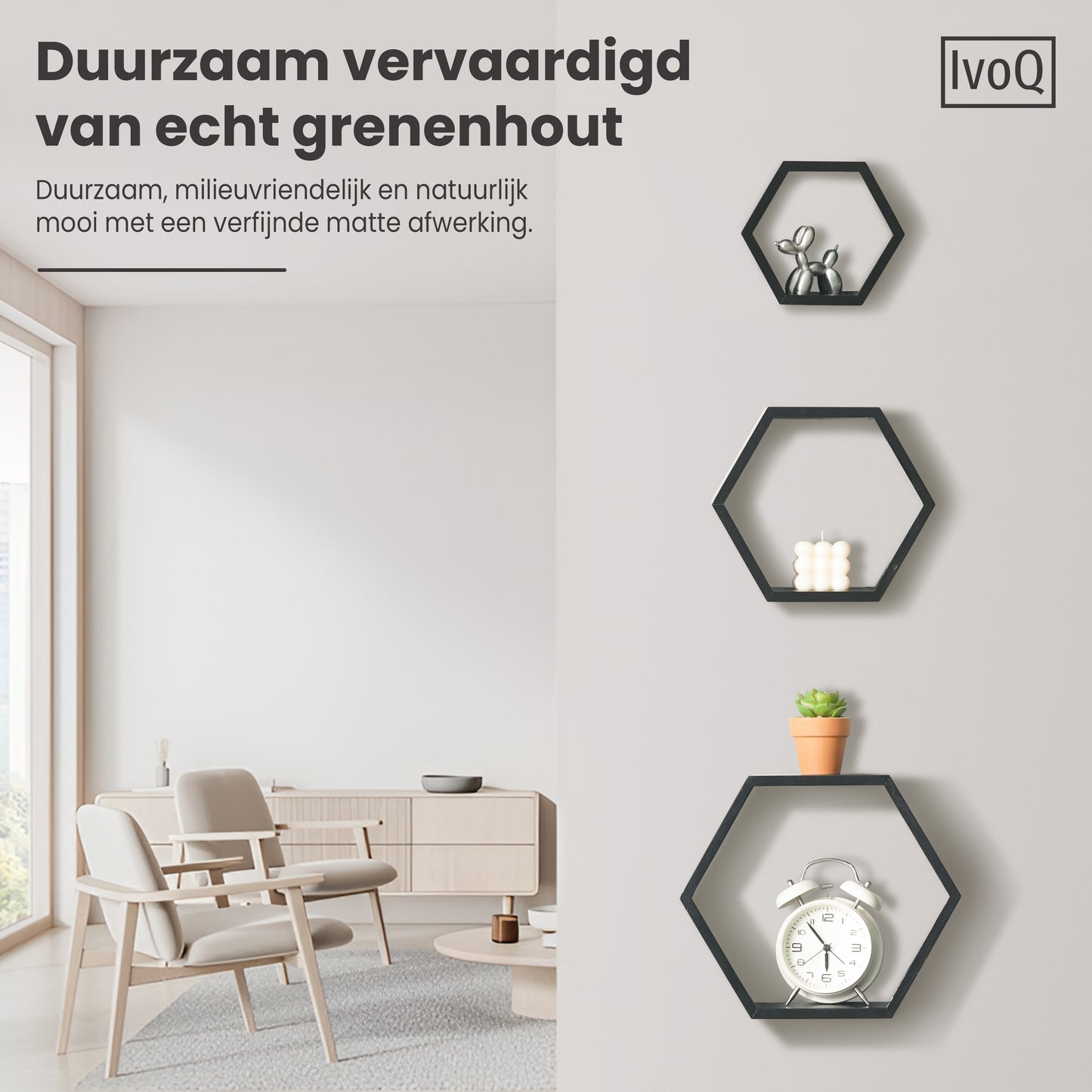 IvoQ Wandplanken Hexagon Set 3 stuks Zwart-IvoQ