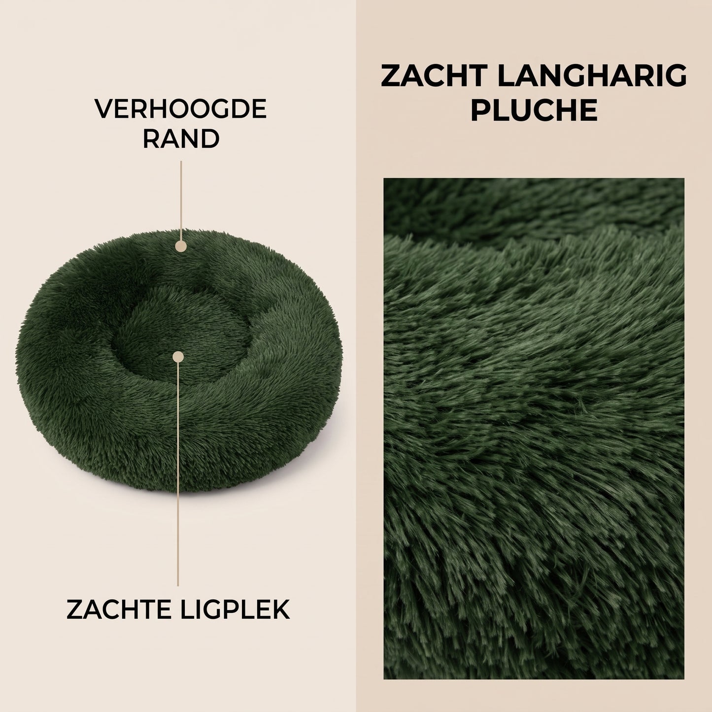 IvoQ Donut Hondenmand & Kattenmand – Ø 50 cm – Zacht Pluche Huisdierenbed – Donkergroen – Voor Katten en Kleine Honden