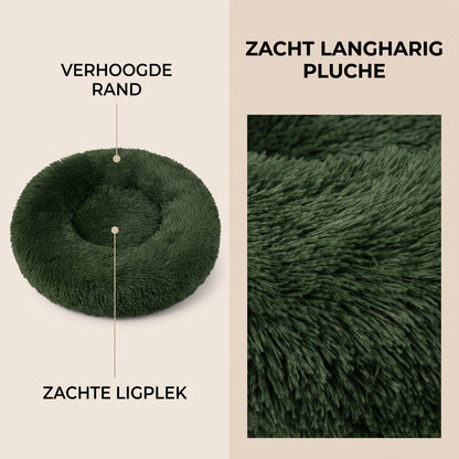 IvoQ Donut Hondenmand & Kattenmand – Ø 50 cm – Zacht Pluche Huisdierenbed – Donkergroen – Voor Katten en Kleine Honden