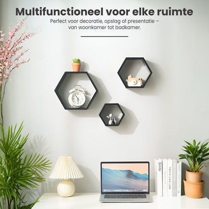 IvoQ Wandplanken Hexagon Set 3 stuks Zwart-IvoQ