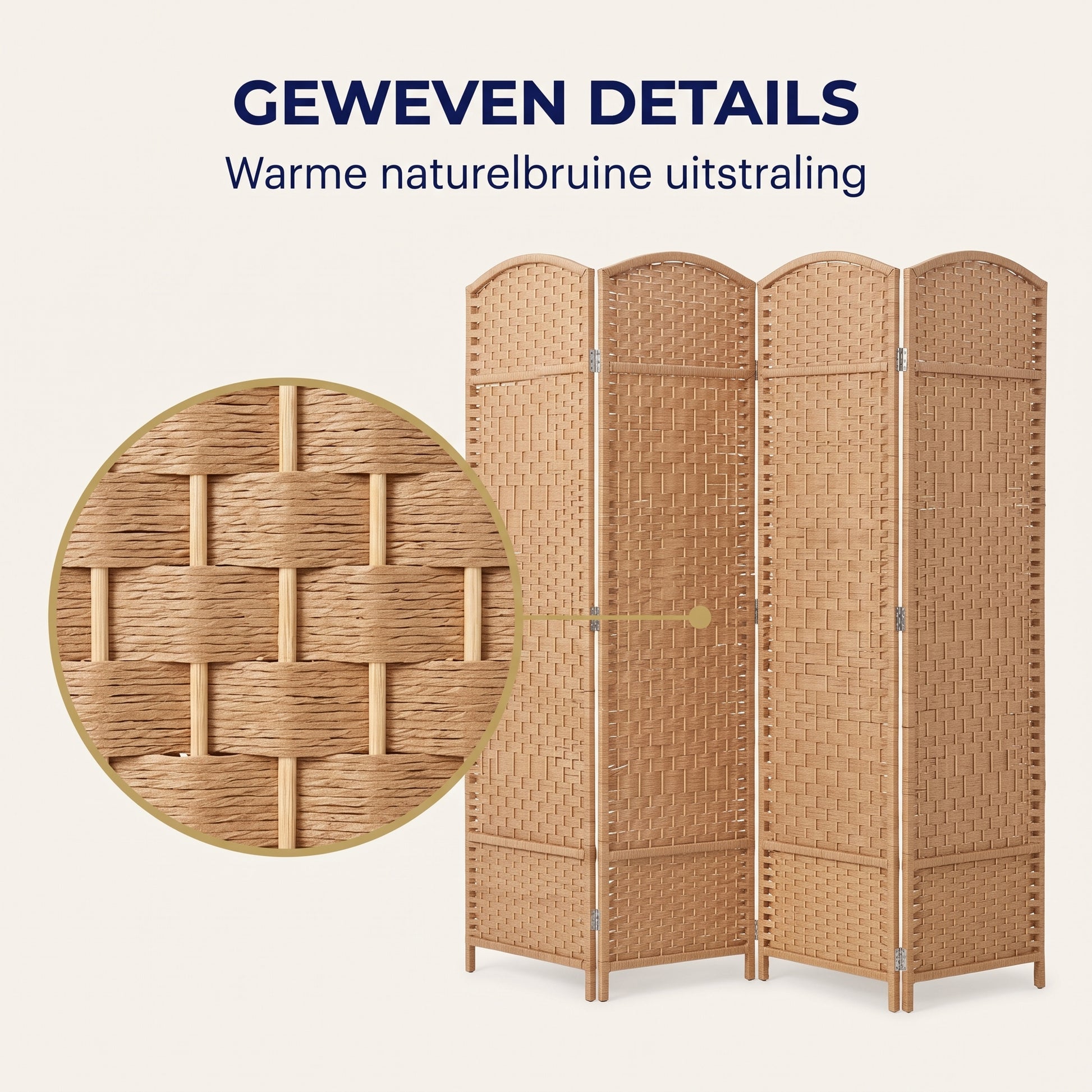 IvoQ Kamerscherm – 4 Panelen – 170 x 160 cm – Opvouwbare Roomdivider – Naturel Bruin