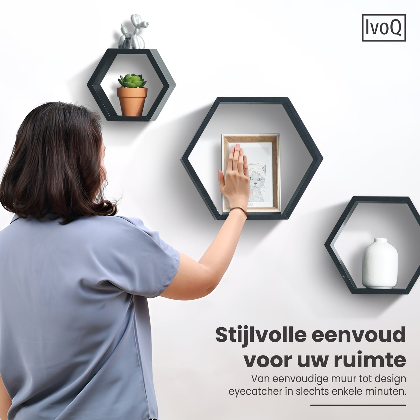 IvoQ Wandplanken Hexagon Set 3 stuks Zwart-IvoQ
