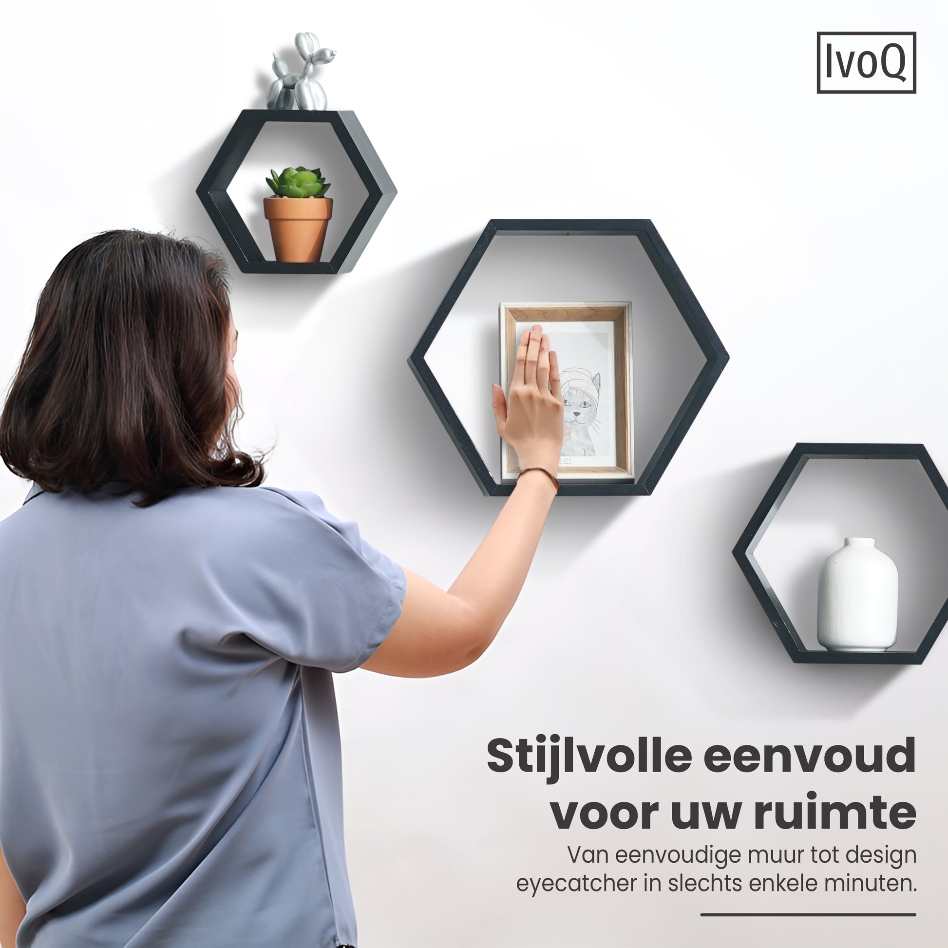 IvoQ Wandplanken Hexagon Set 3 stuks Zwart-IvoQ