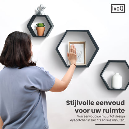 IvoQ Wandplanken Hexagon Set 3 stuks Zwart-IvoQ