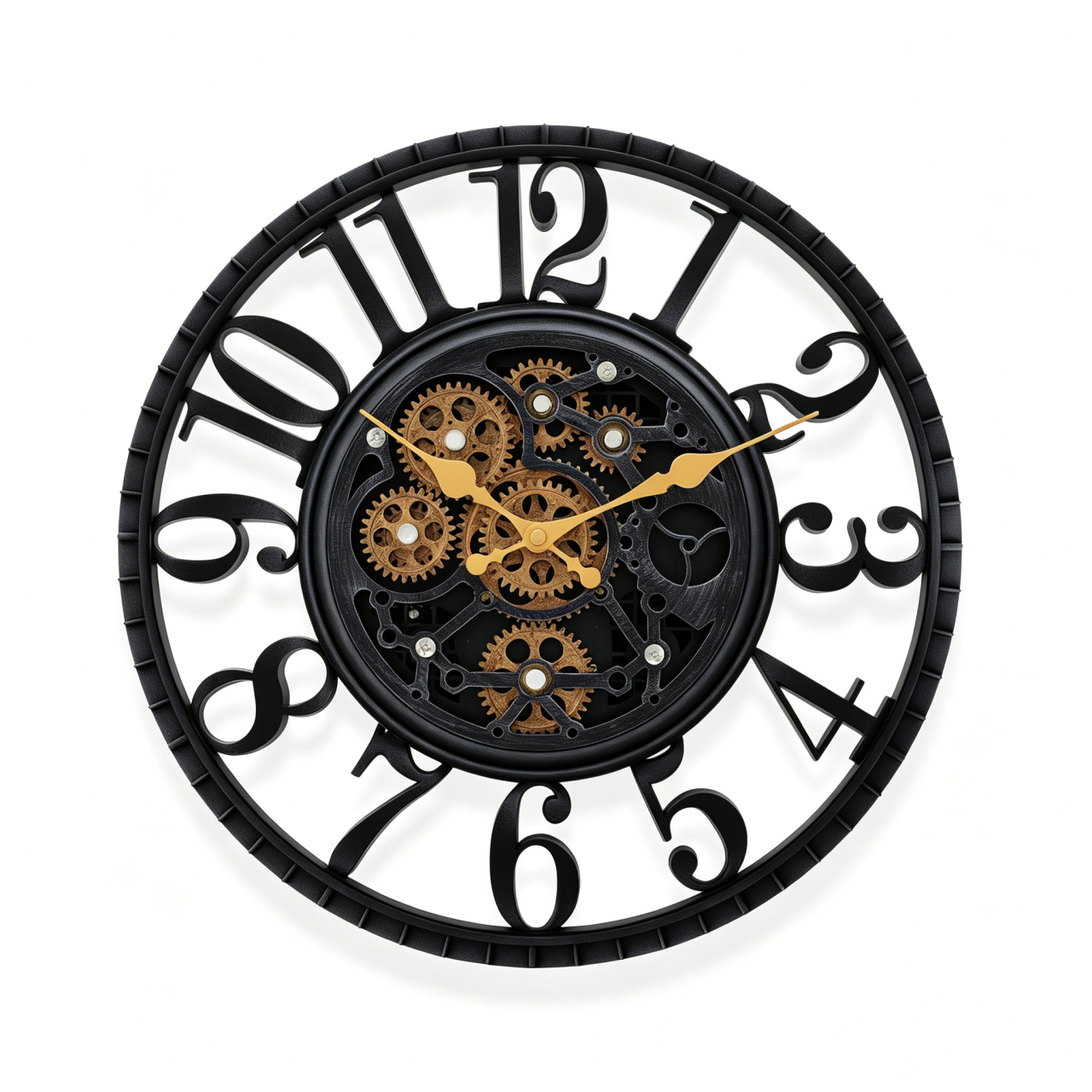 IvoQ Industriële Wandklok met Draaiende Tandwielen - Zwart & Goud - Stoere Muurklok - 40 cm