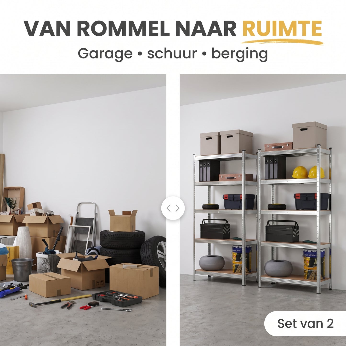 IvoQ Stellingkasten Set van 2 – 180 x 90 x 40 cm – Gegalvaniseerd Metaal – 5 MDF Legplanken – Voor Garage en Schuur