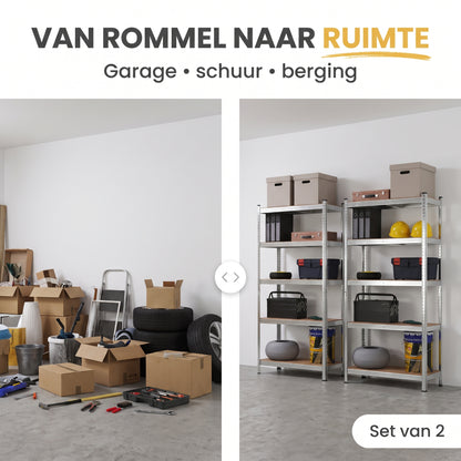 IvoQ Stellingkasten Set van 2 – 180 x 90 x 40 cm – Gegalvaniseerd Metaal – 5 MDF Legplanken – Voor Garage en Schuur