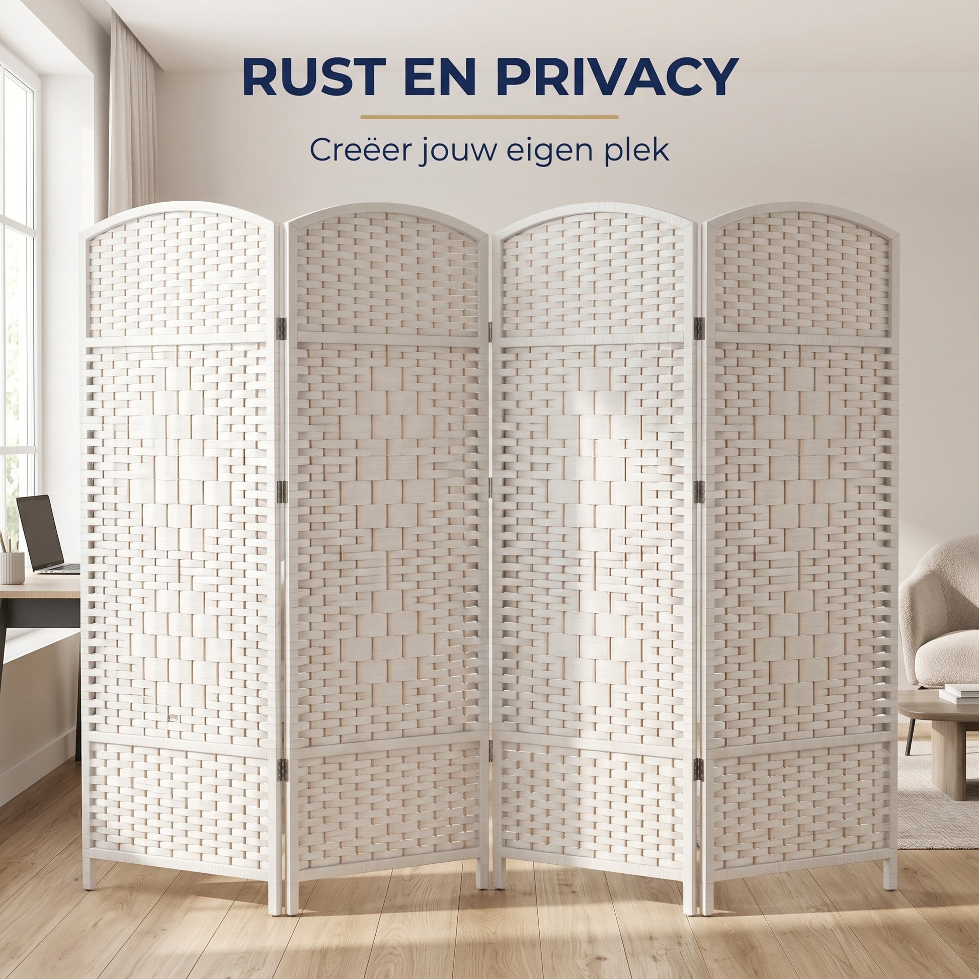 IvoQ Opvouwbaar Kamerscherm - 4 Panelen - 170 x 160 cm - Wit