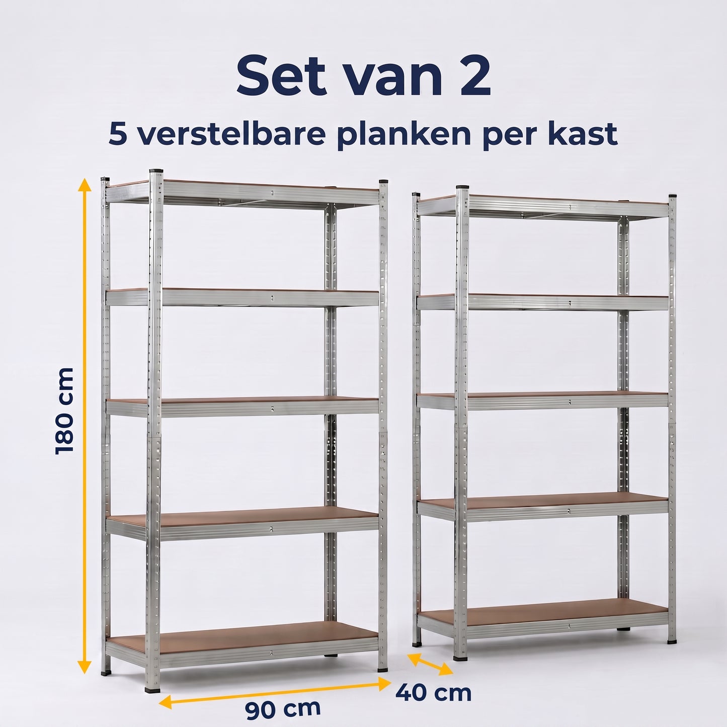 IvoQ Stellingkasten Set van 2 – 180 x 90 x 40 cm – Gegalvaniseerd Metaal – 5 MDF Legplanken – Voor Garage en Schuur