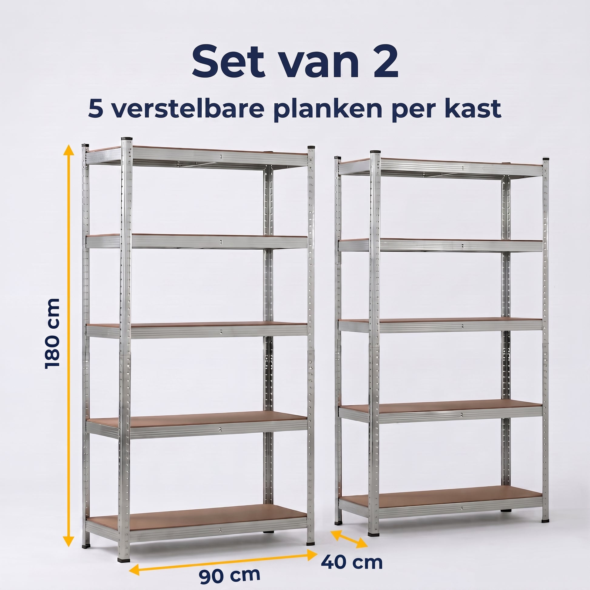 IvoQ Stellingkasten Set van 2 – 180 x 90 x 40 cm – Gegalvaniseerd Metaal – 5 MDF Legplanken – Voor Garage en Schuur