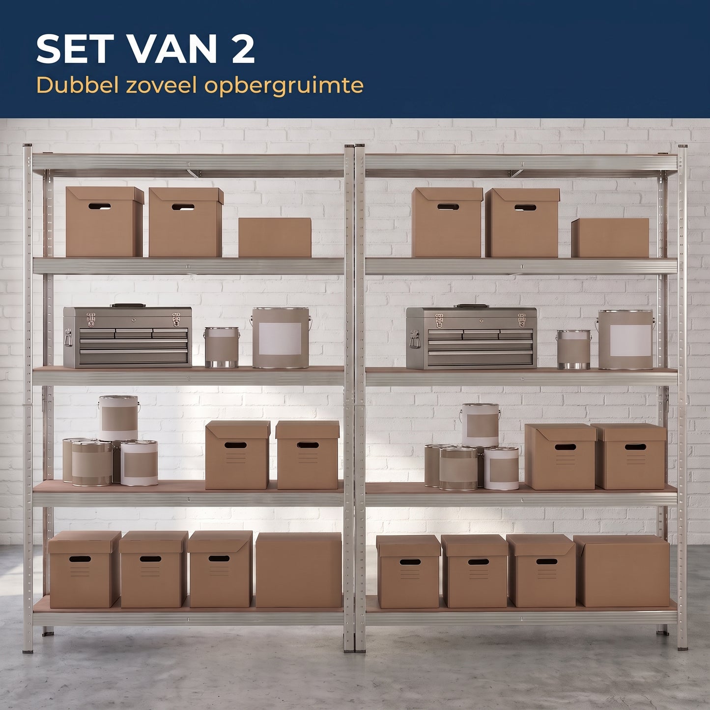 IvoQ Stellingkasten Set van 2 – 180 x 90 x 40 cm – Gegalvaniseerd Metaal – 5 MDF Legplanken – Voor Garage en Schuur
