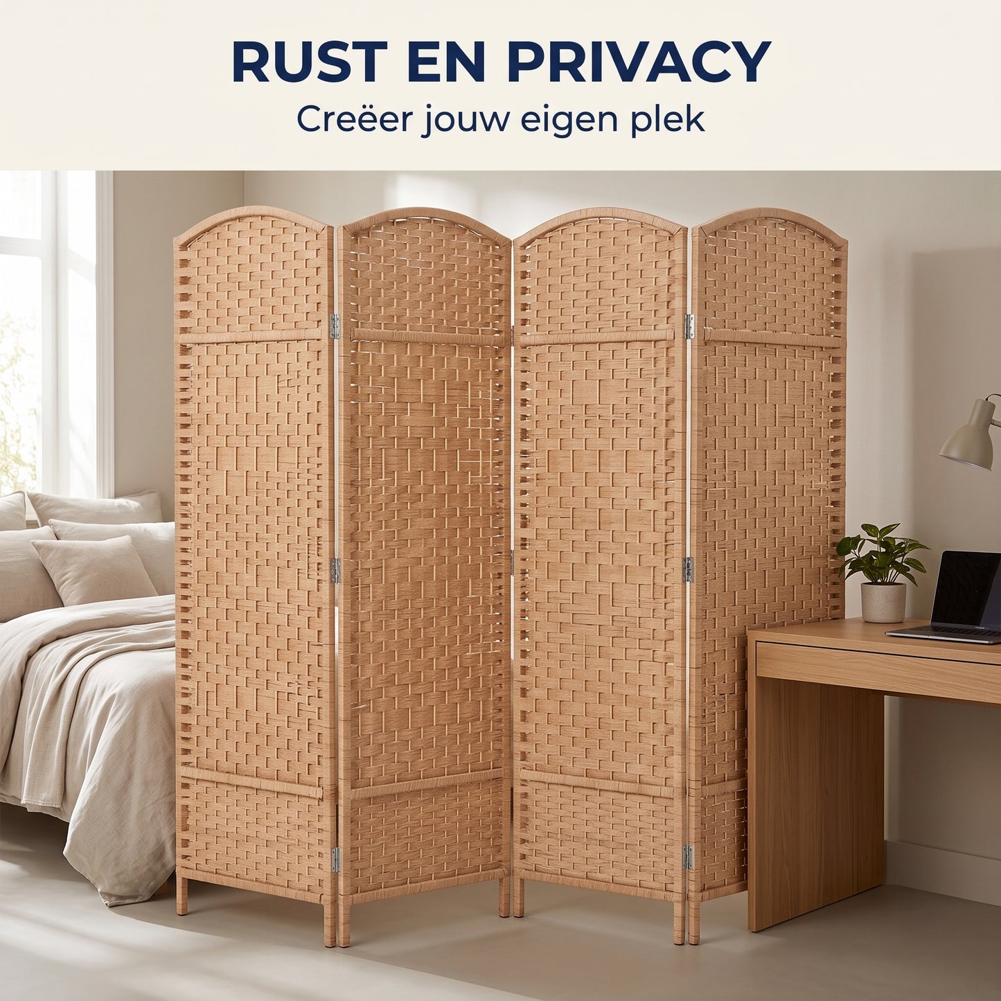 IvoQ Kamerscherm – 4 Panelen – 170 x 160 cm – Opvouwbare Roomdivider – Naturel Bruin