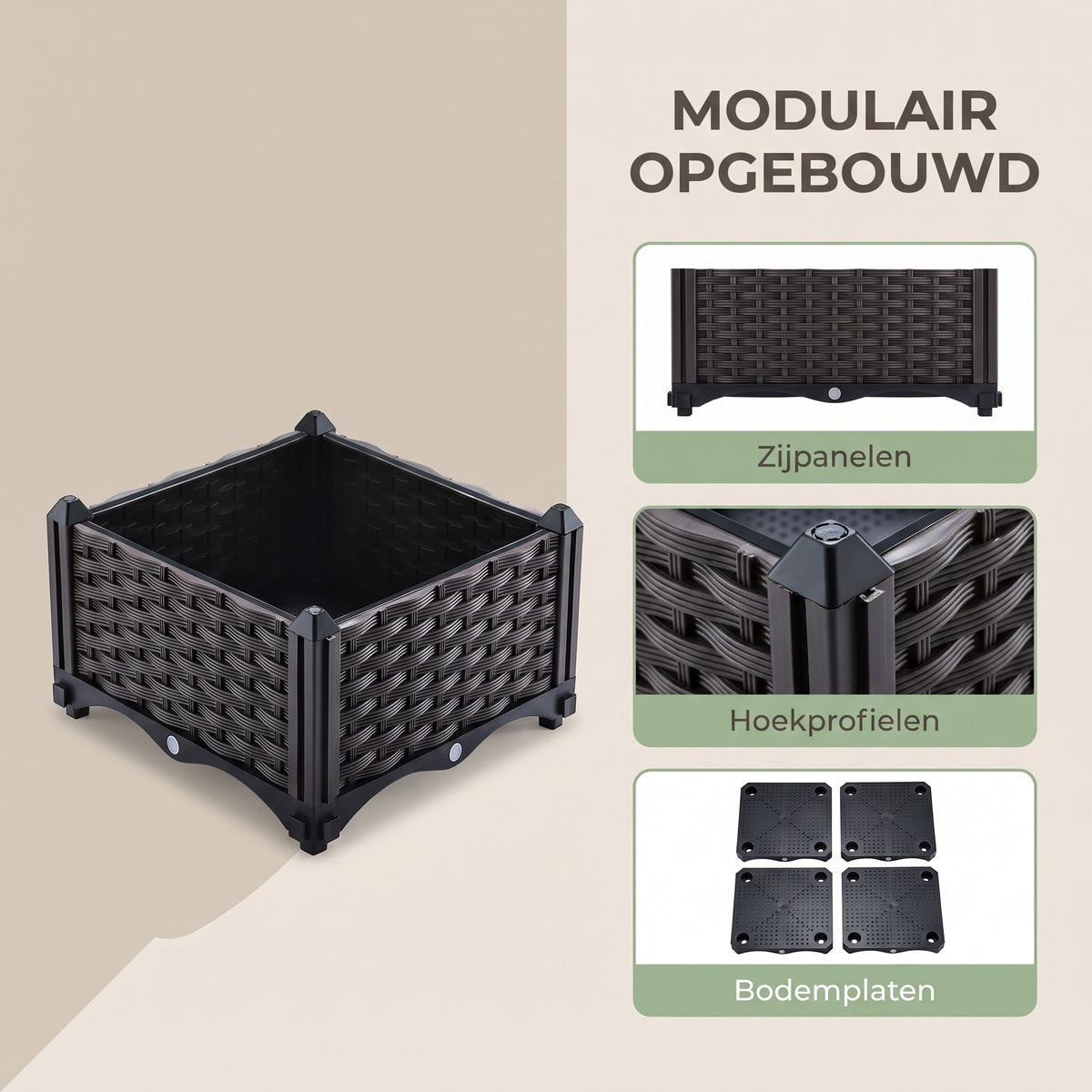 IvoQ Modulaire Moestuinbak 40 × 40 × 22 cm – Vierkante Plantenbak met Waterbuffer en Drainage – Zwart – Voor Balkon, Terras en Tuin