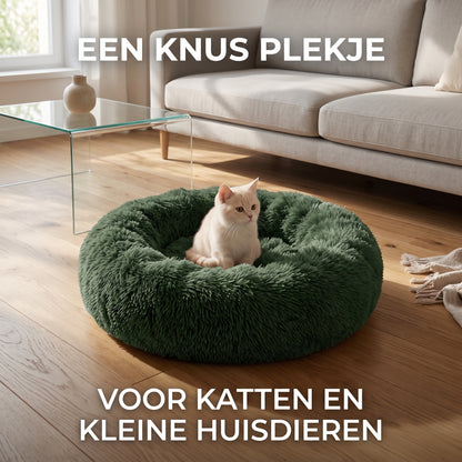 IvoQ Donut Hondenmand & Kattenmand – Ø 50 cm – Zacht Pluche Huisdierenbed – Donkergroen – Voor Katten en Kleine Honden