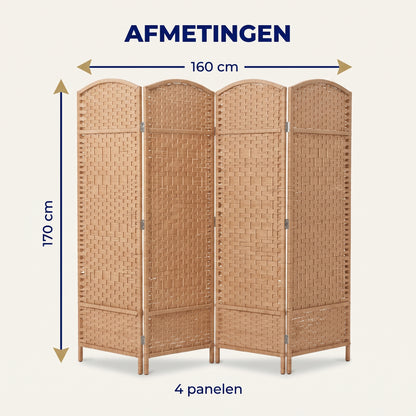 IvoQ Kamerscherm – 4 Panelen – 170 x 160 cm – Opvouwbare Roomdivider – Naturel Bruin