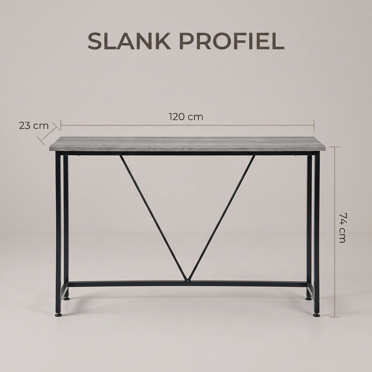 IvoQ Wandtafel – Smalle Consoletafel 120 × 23 × 74 cm – Grijze Houtlook – Zwart Metalen Frame