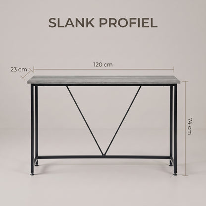 IvoQ Wandtafel – Smalle Consoletafel 120 × 23 × 74 cm – Grijze Houtlook – Zwart Metalen Frame
