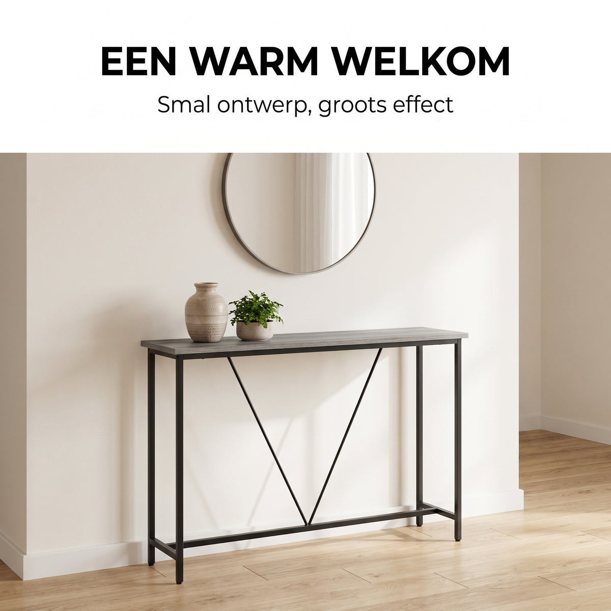 IvoQ Wandtafel – Smalle Consoletafel 120 × 23 × 74 cm – Grijze Houtlook – Zwart Metalen Frame