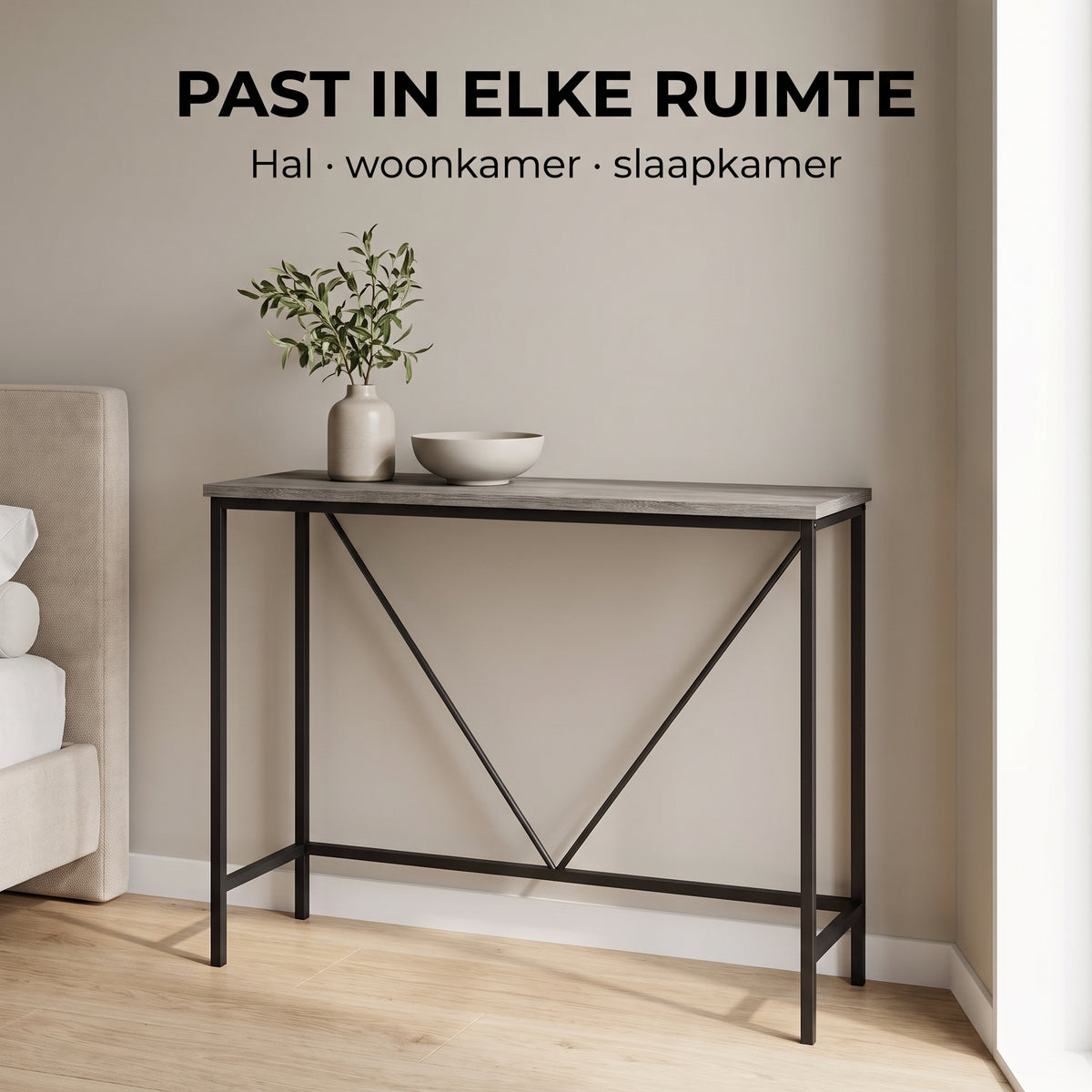 IvoQ Wandtafel – Smalle Consoletafel 120 × 23 × 74 cm – Grijze Houtlook – Zwart Metalen Frame