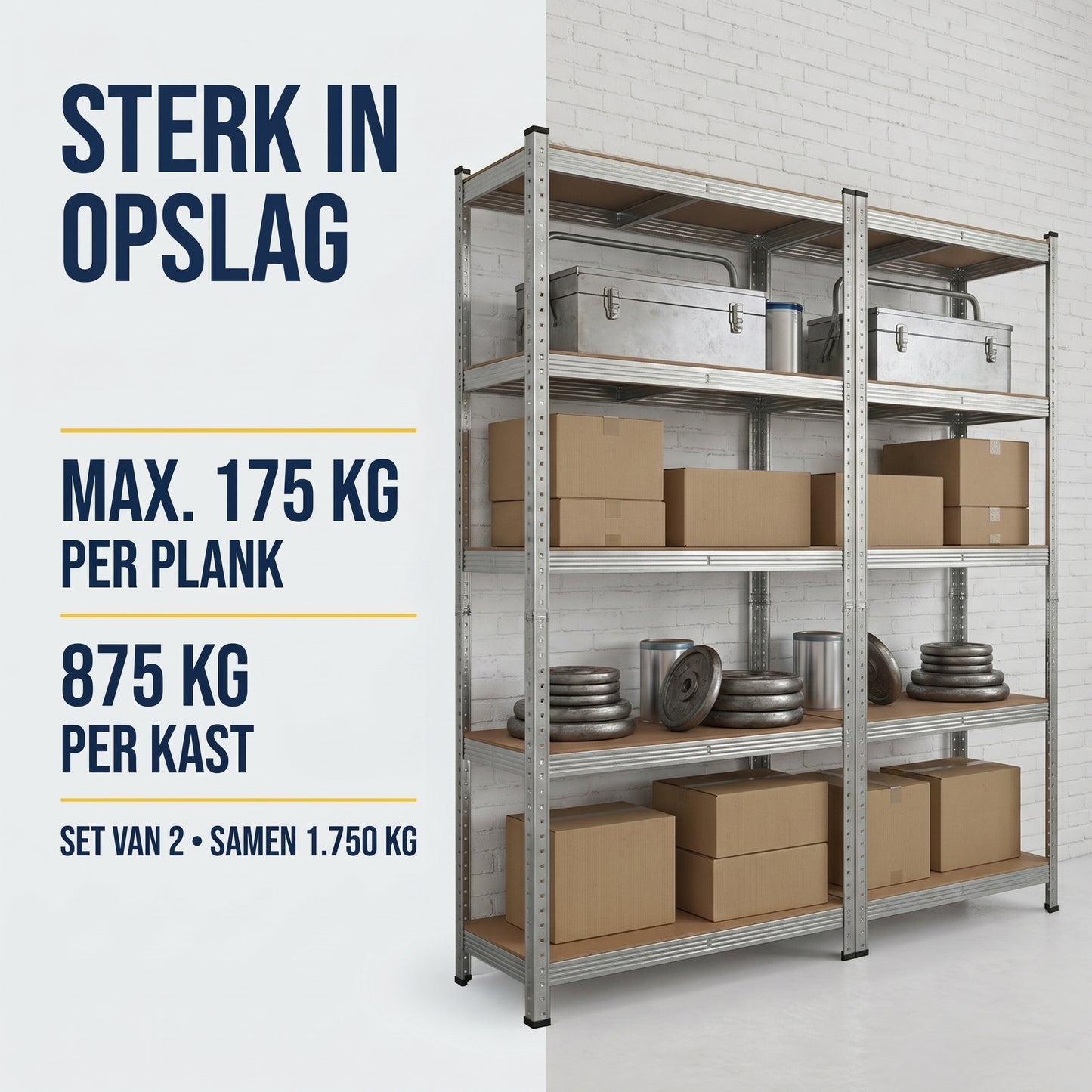 IvoQ Stellingkasten Set van 2 – 180 x 90 x 40 cm – Gegalvaniseerd Metaal – 5 MDF Legplanken – Voor Garage en Schuur