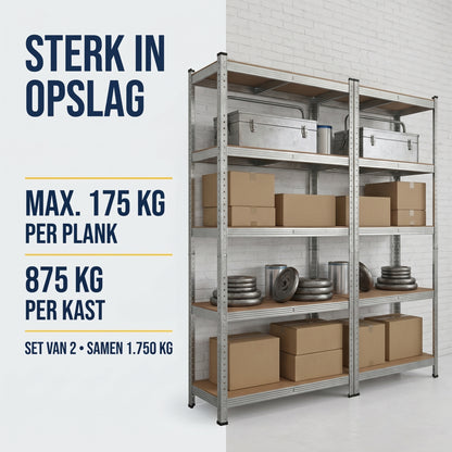 IvoQ Stellingkasten Set van 2 – 180 x 90 x 40 cm – Gegalvaniseerd Metaal – 5 MDF Legplanken – Voor Garage en Schuur