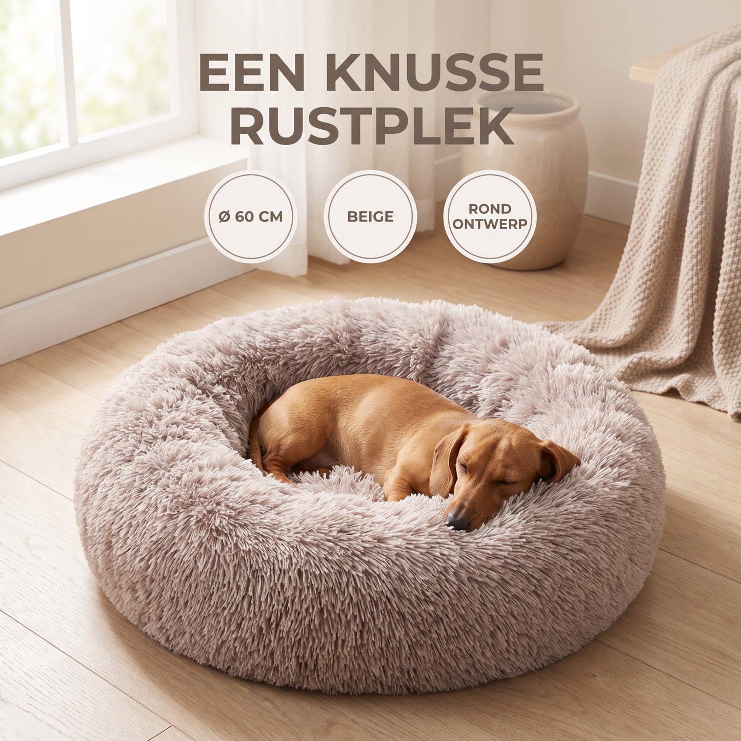 IvoQ Hondenmand Rond Ø 60 cm – Fluffy Donut Hondenbed met Hoge Zachte Rand – Beige – Voor Kleine Honden en Katten