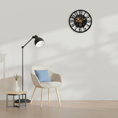 IvoQ Industriële Wandklok met Draaiende Tandwielen - Zwart & Goud - Stoere Muurklok - 40 cm