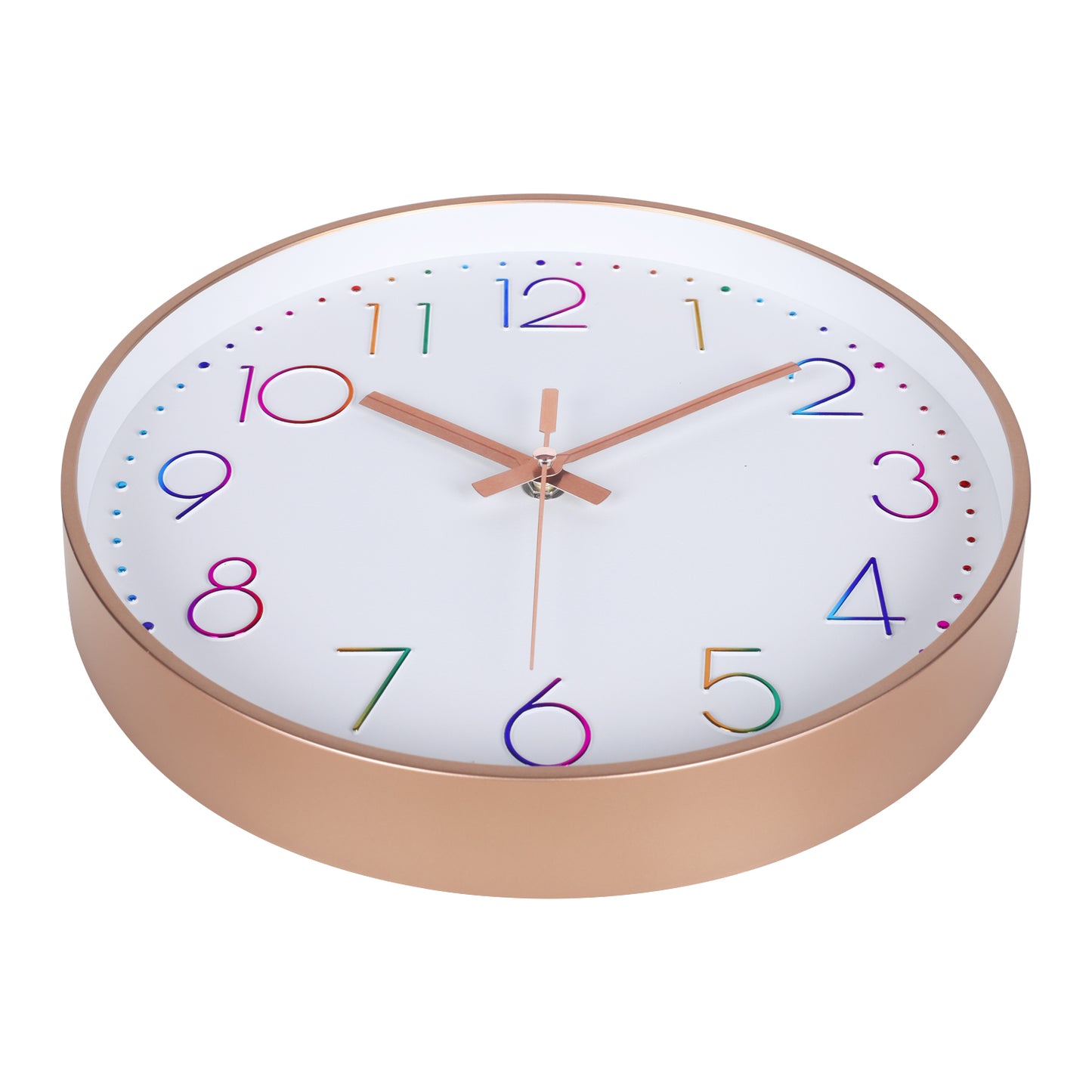 IvoQ Moderne Wandklok - Stil Uurwerk - Rosé Goud & Gekleurde 3D Cijfers - Analoog - Niet Tikkend - 30 cm
