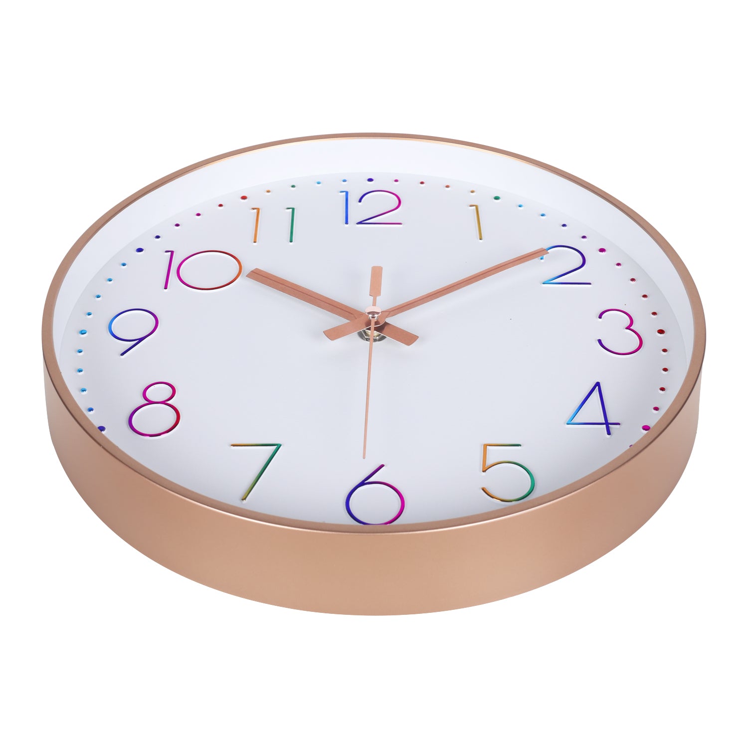 IvoQ Moderne Wandklok - Stil Uurwerk - Rosé Goud & Gekleurde 3D Cijfers - Analoog - Niet Tikkend - 30 cm
