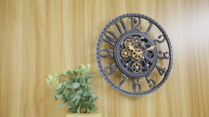 IvoQ Industriële Wandklok met Bewegende Tandwielen Zwart